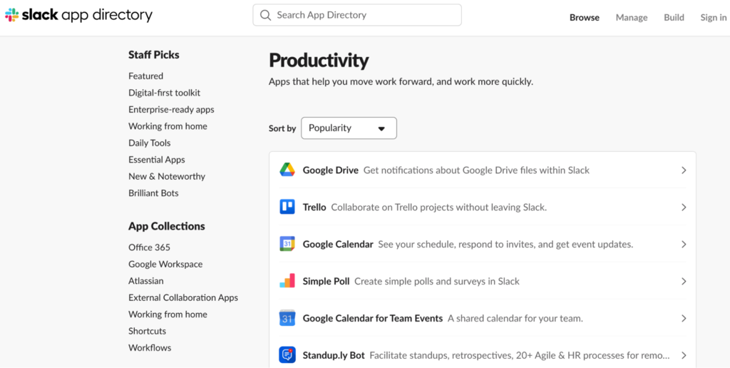 Productivity integration options available on the Slack app directory.
