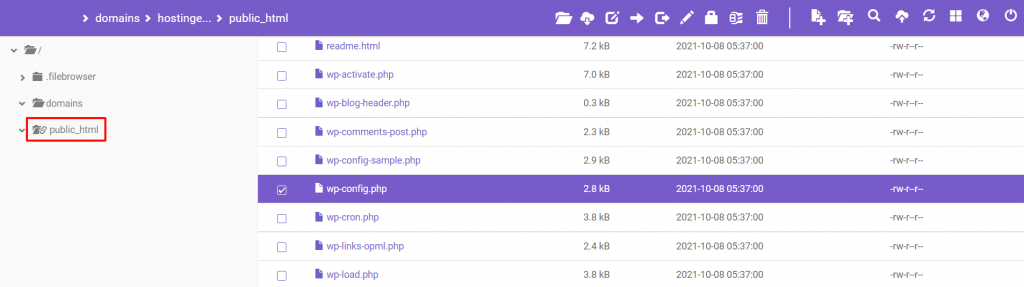 The location of the wp-config.php file in File Manager.