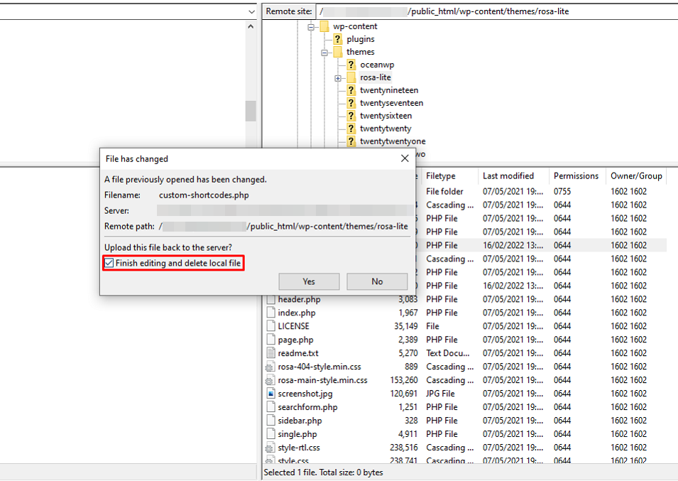 Tick "Finish editing and delete local file" box on the FileZilla interface
