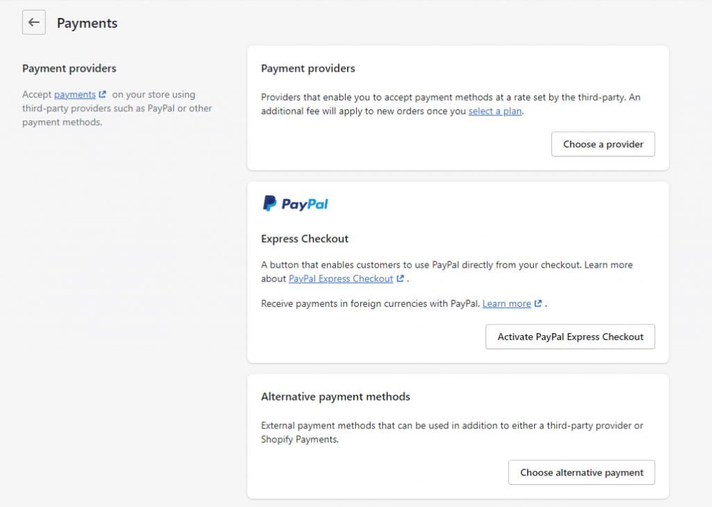 Payment provider options on Shopify. 