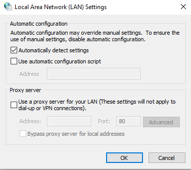 The tick button to activate "Automatically detect settings" through the LAN Settings menu on Windows