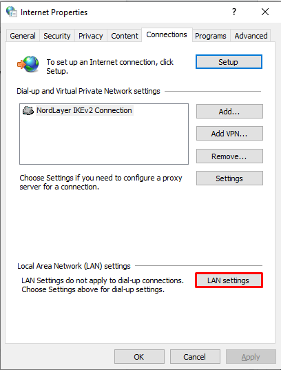 The LAN settings button via the Connections Tab on Windows