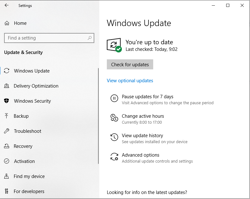 The Windows Update menu in the settings