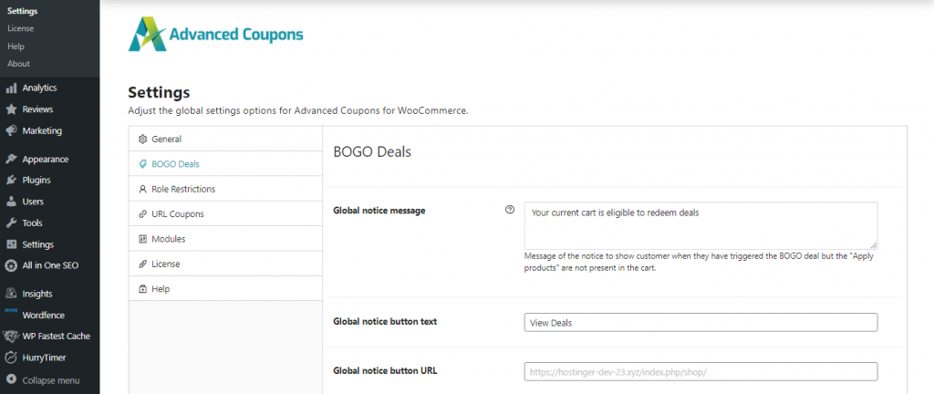 Advanced Coupons for WooCommerce's settings page on WordPress dashboard, showing its features like BOGO deals and URL coupons