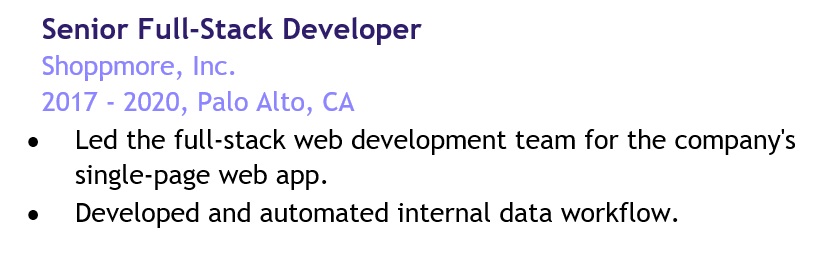 a senior web developer's work experience section that doesn't display the impact of the candidate's work