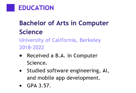 an entry-level web developer's education section which doesn't show the applicant's interest