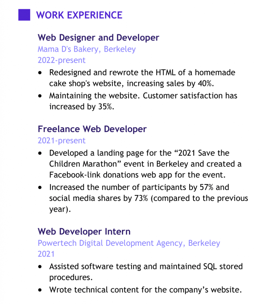 an entry-level web developer's work experience section which lists web development-related accomplishments