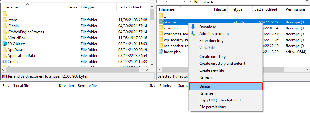 The delete option for a plugin folder that causes the error in the FTP client