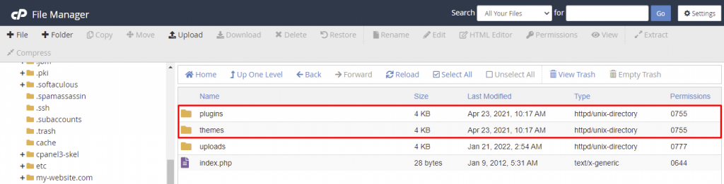 Themes and plugins in the File Manager on the cPanel dashboard