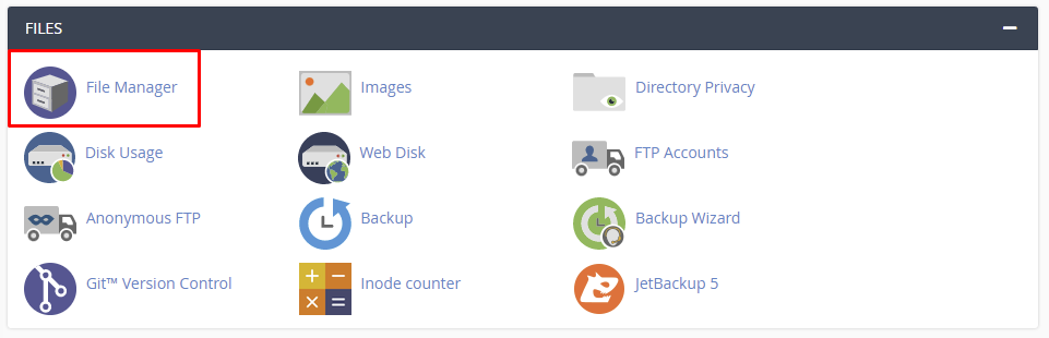 The File Manager in the files section of the cPanel dashboard