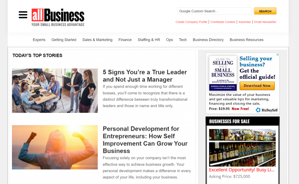 Homepage of AllBusiness.com, one of the top entrepreneur blogs with many resources for small businesses 