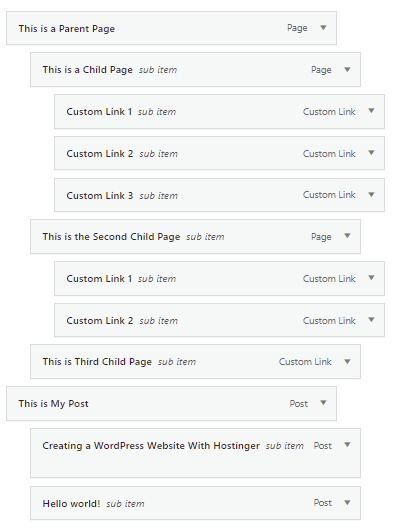 An example of a child-parent menu item relationship on WordPress