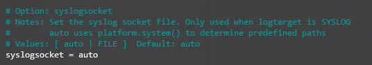 An excerpt from the fail2ban.local config file talking about the syslogsocket option