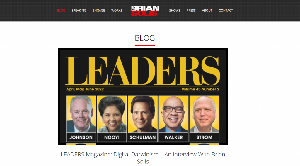 Brian Solis' entrepreneurship blog. It focuses on digital transformation of businesses