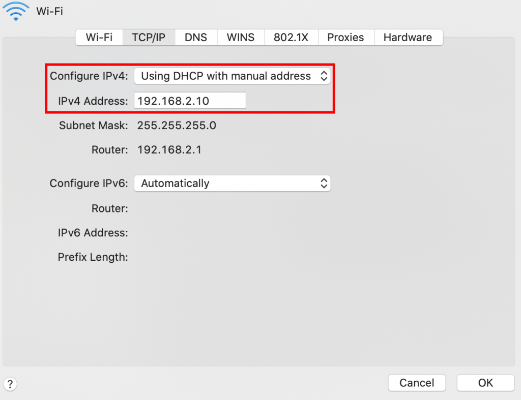 Configuration for static IP address on macOS