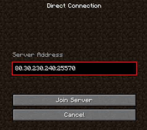 Connection to Minecraft server window with a server address highlighted