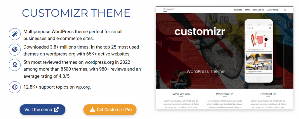 Cutomizr WordPress theme home page