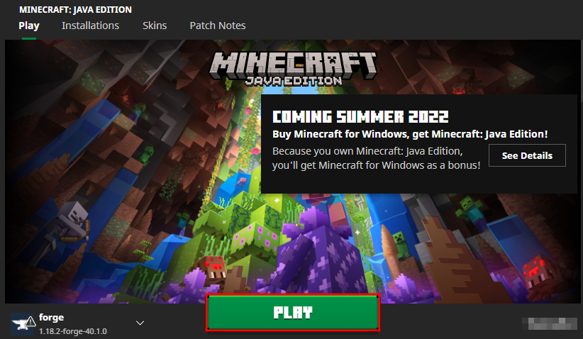 Main menu of Minecraft launcher with Forge installed