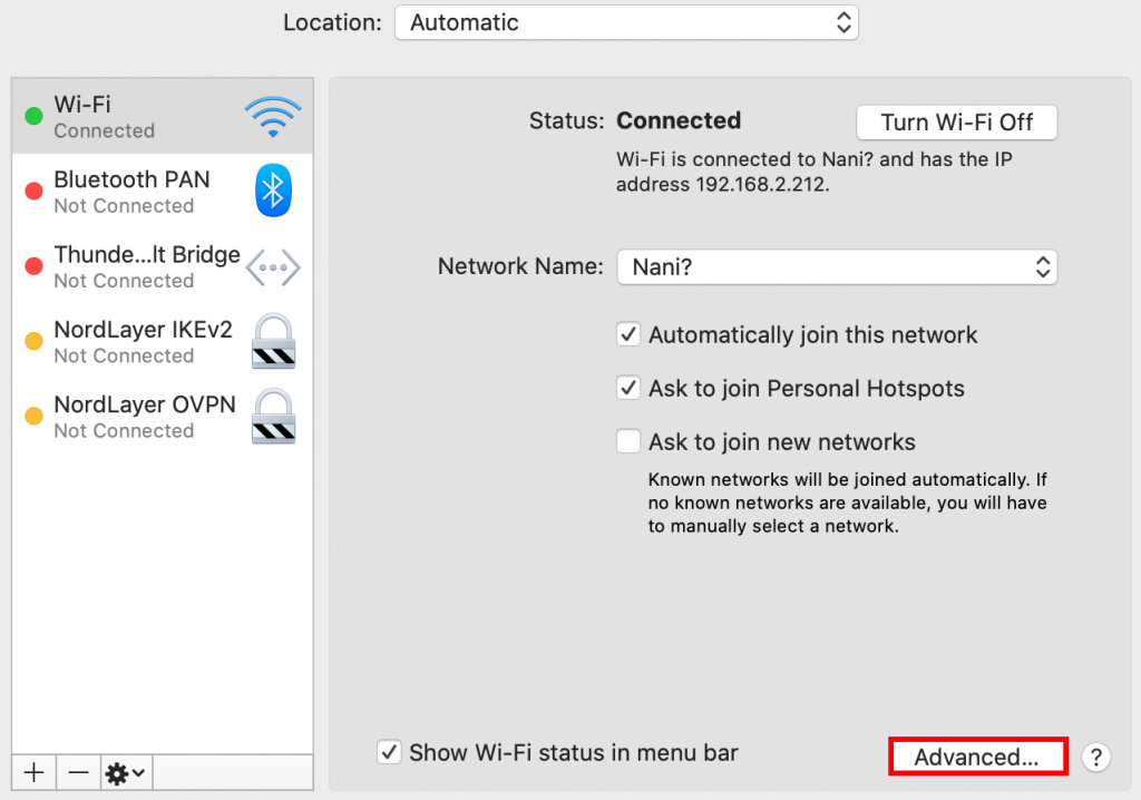 Network connection window for macOS with "advanced" button highlighted