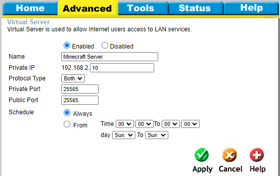 Port forwarding configuration under "advanced" tab in D-link