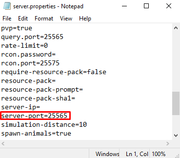 server.properties file with server-port highlighted