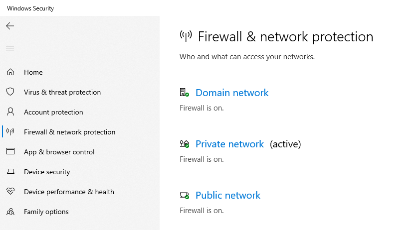 The Firewall & network protection menu on Windows Defender