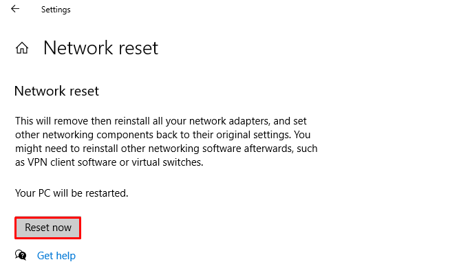 The Network reset dialogue window on Windows