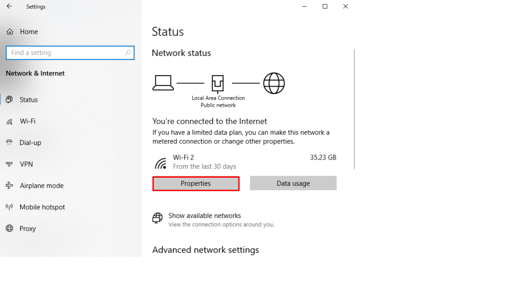 The Network status menu on Windows
