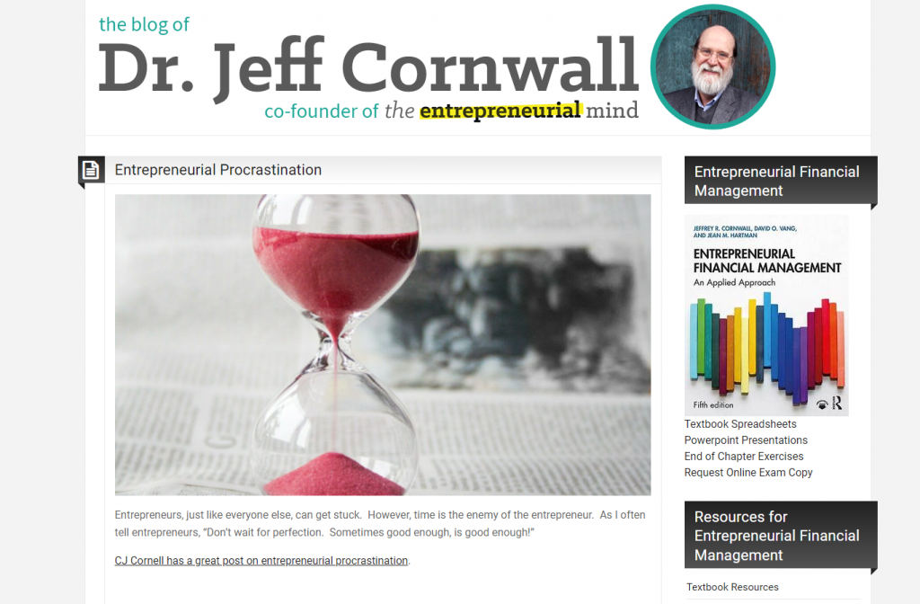 The homepage of Dr Jeff Cornwall's entrepreneurship blog that focuses on educating entrepreneurs