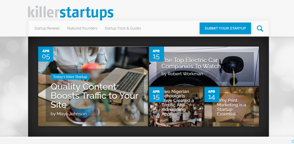 The homepage of Killer Startups, an entrepreneurship blog that can feature your business in their blog posts