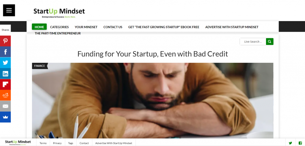 The homepage of Startup Mindset, an entrepreneurship blog that covers relevant business topics and self-development