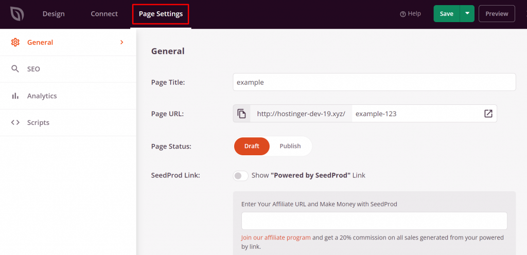 The page settings tab where you can modify your page SEO and analytics