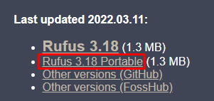 Official download page for Rufus 3.18 Portable. It is used to mount ISO files to USB devices