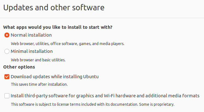 Ubuntu installer step to select update settings and specify if an user wants normal or minimal installation