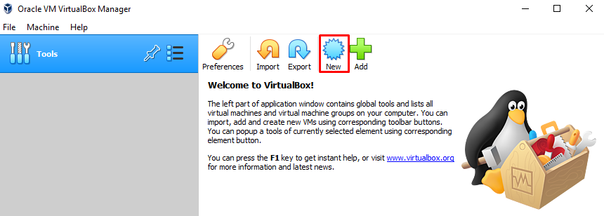 Main VirtualBox window. The red border indicates the button to create a new virtual machine