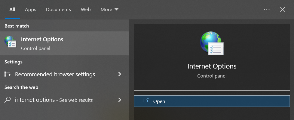 The Internet Options control panel on Windows
