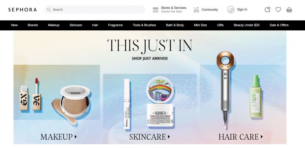 Sephora's homepage, displaying three new arrival categories: makeup, skincare, and hair care