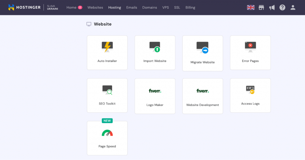 A selection of options under the Website section on hPanel