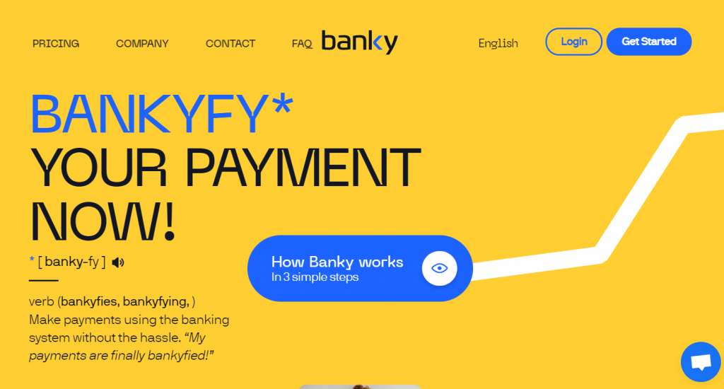 A screenshot of Banky's website with a yellow and blue color scheme.