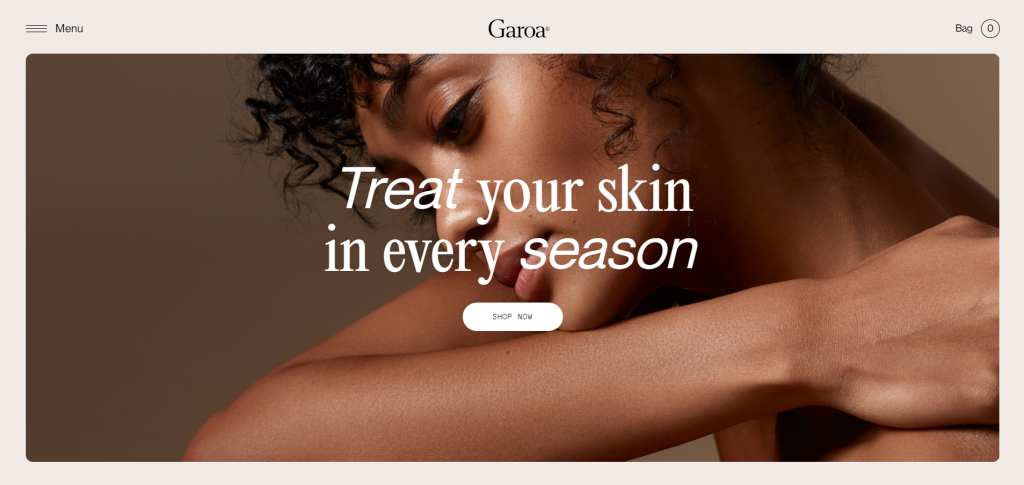 Garoa's website features a hero image of a woman and the text "Treat your skin in every season" at the center