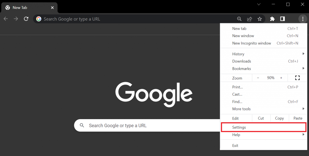 The Settings menu in Google Chrome