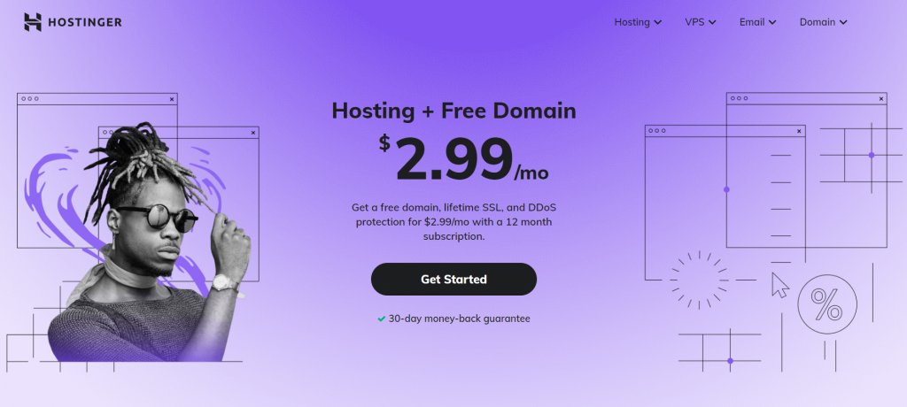 Hostinger's landing page, displaying the text "Hosting + Free Domain" at the center