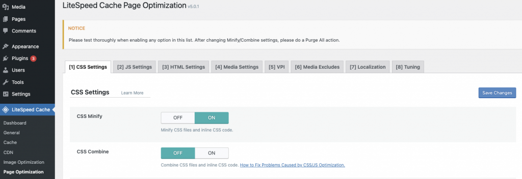 LiteSpeed Cache Page Optimization settings as shown on WordPress