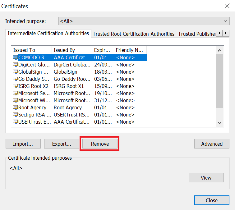Removing SSL state in the manage certificates window