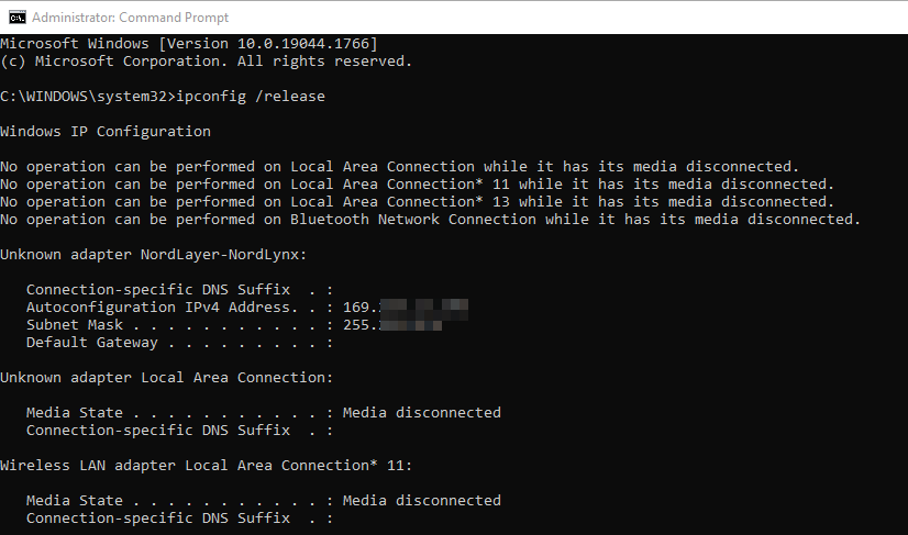 Releasing old IP address via Command Prompt on Windows.