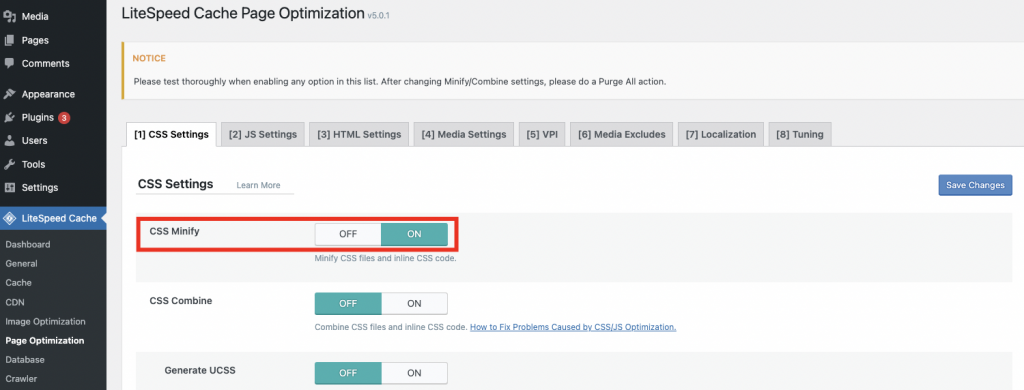 Switching the CSS Minify option from OFF to ON on WordPress