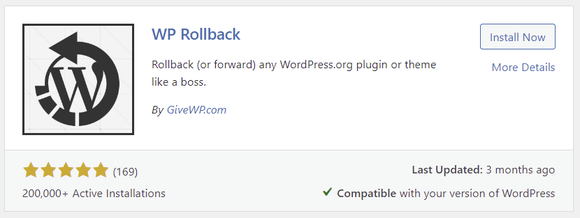 The WP Rollback plugin banner in the WordPress plugin directory