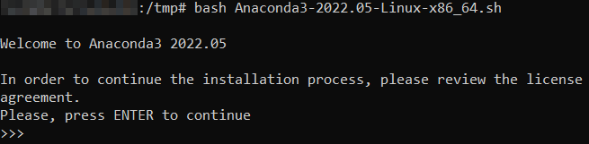 Command line window for using the bash script for installing Anaconda