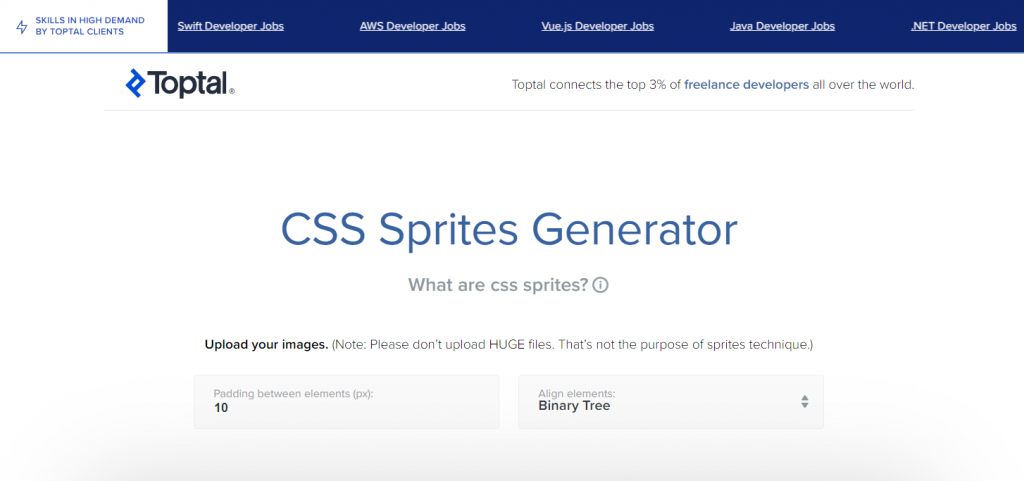 Toptal's CSS sprites generator web-tool landing page