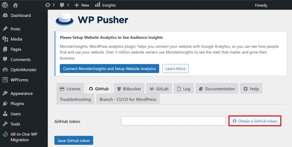 A button on WP Pusher for obtaining a GitHub token